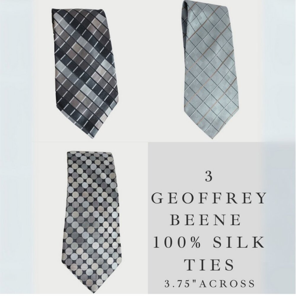 3 Geoffrey Beene Men's Silk Ties In Silver, Tan, Grey, Black, Brown & Blue
